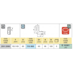 290º-Kniestück für Schlauch D. 60, für Nuss 2 1/2" 116860, ARAG