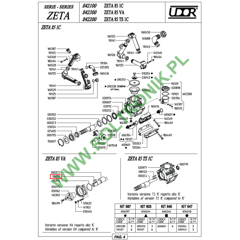 Pump shaft key Udor Zeta 40/85/100/120 VA, 080111, UD080111