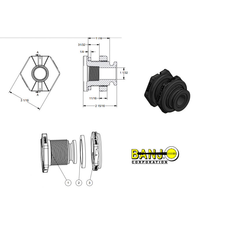 Banjo Tankanschluss 1&quot; Flansch 1 1/4&quot;F Gewinde, MTF100BD